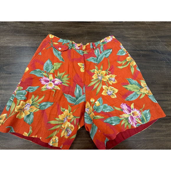 Lauren Ralph Lauren Red Linen Shorts High Rise` Floral Hawaiian Tropical Sz 10 - Picture 1 of 6